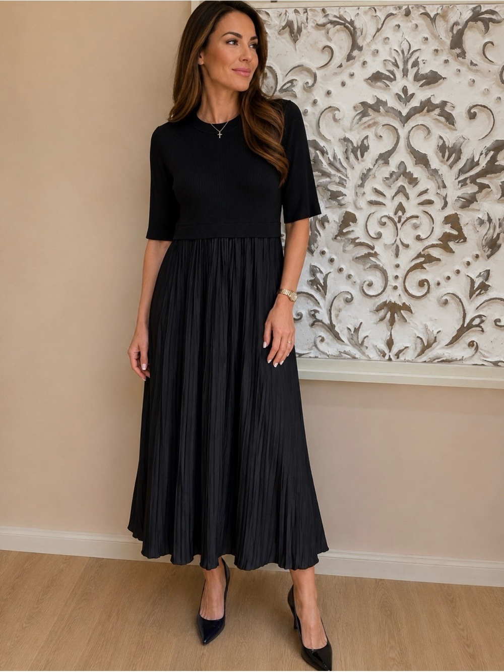 Nanette Lepore Black Pleated Midi Dress